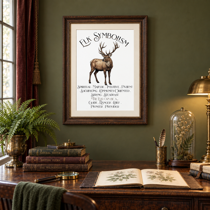 A framed art print featuring a stag illustration and the text 'ELK SYMBOLISM' is displayed on a dark olive green wall above a wooden desk with books, a plant, and a brass lamp.