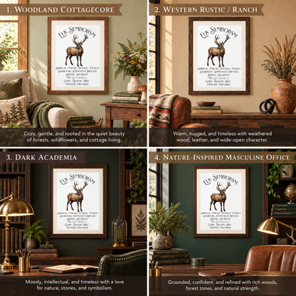 A four-panel collage showing the Elk Symbolism poster in different interior settings. Each panel features the poster with descriptive labels for styles: woodland cottagecore, western rustic/ranch, dark academia, and nature-inspired masculine office.