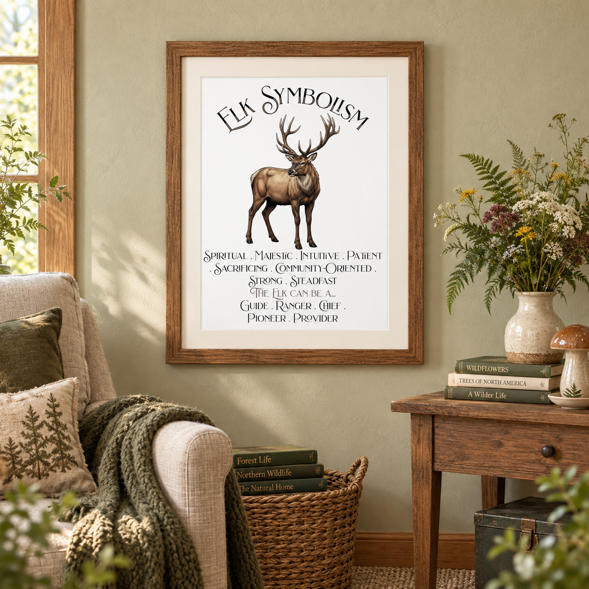 A framed art print featuring a brown elk with the text 'ELK SYMBOLISM' and additional words beneath, displayed on a beige wall in a cozy living room setting with an armchair, side table, flowers, and basket.
