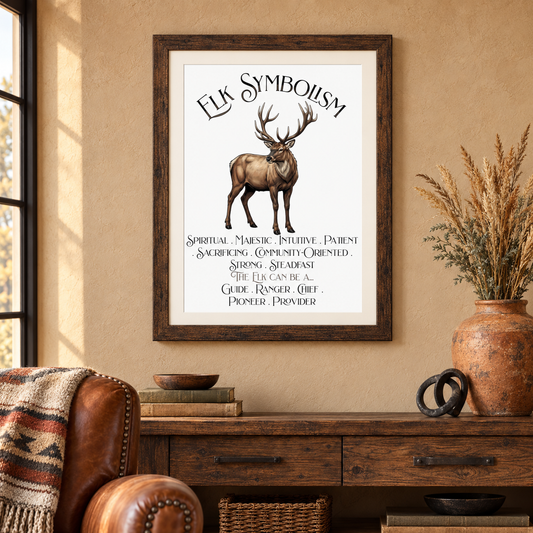 A framed art print featuring a brown elk illustration and the text 'ELK SYMBOLISM' with additional spiritual text, displayed on a beige wall above a rustic wooden console table in a styled room setting.