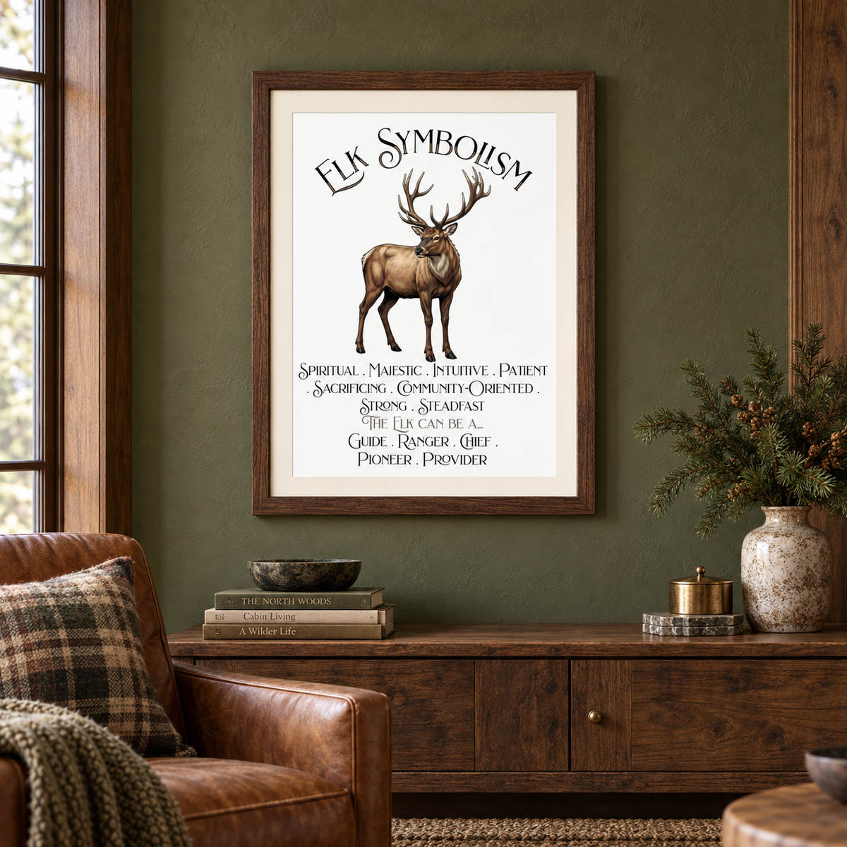 A framed art print featuring a detailed illustration of an elk with the text 'ELK SYMBOLISM' and additional symbolic qualities, displayed on a dark olive green wall above a rustic wooden console table in a cozy living room setting.