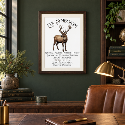 A framed art print featuring an elk illustration and text that says Elk Symbolism followed by its meanings, displayed on a dark green wall in a styled home office setting with a desk, chair, lamp, and books.