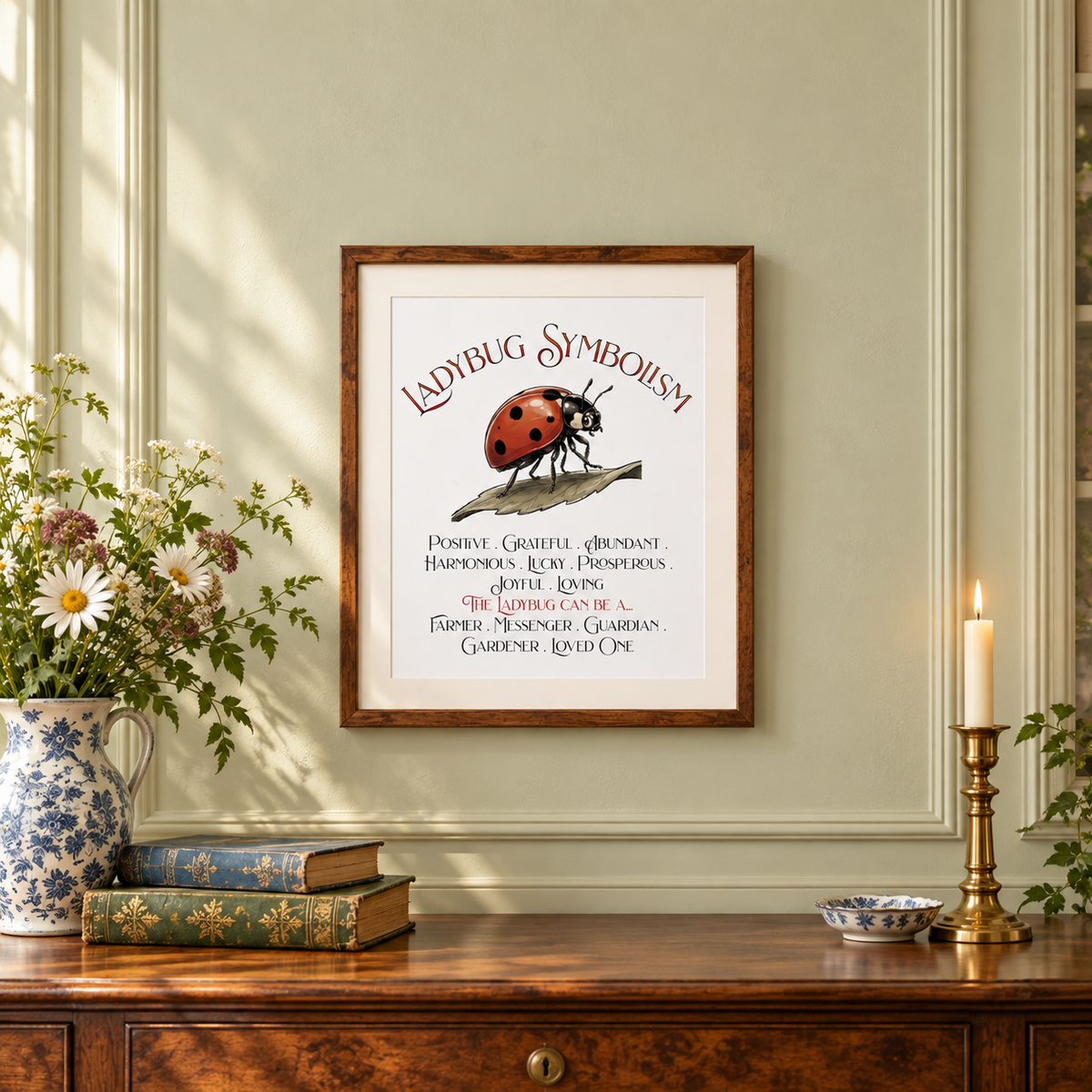 A framed art print featuring 'Ladybug Symbolism' with an illustration of a ladybug and text, displayed on a paneled wall above a wooden console table with a vase of flowers, books, and a candle.