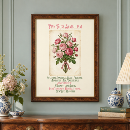 Framed 'Pink Rose Symbolism' art print hanging on a light gray wall above a wooden console table, styled with a blue-and-white ceramic vase, flowers, books, and a table lamp.