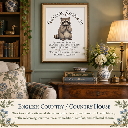 A framed wall art print featuring a raccoon illustration and the text 'Raccoon Symbolism' is displayed in a styled room setting above a wooden console table with a lamp, flowers, and books. Nearby is a bookcase and chair with a blanket and pillow. A banner at the bottom reads 'English Country / Country House' with descriptive copy.