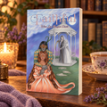 "Faithful: When Love Conquers Death" stands on a wooden table in a cozy, softly lit setting with a glowing candle, bookshelves, a purple blanket, and a floral teacup in the background. The cover features an illustrated scene of a woman in a peach dress seated in front of a white gazebo and embraced by a man wearing green and gold, while the pale figure of the Grim Reaper is embraced from behind by a woman in white inside the gazebo.