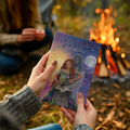 A woman holds Fated. In the background is a campfire, another woman, and a tent.