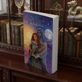 Fated standing upright on a dark wooden curio cabinet that holds books, glasses, an astrolabe, and a Chinese dragon.
