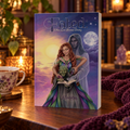 Fated stands upright on a wooden table surrounded by a purple blanket, a teacup, and a glowing candle in a cozy, warmly lit setting. The cover art depicts a fantasy scene of a woman in a flowing green and purple gown trying to stop a gremlin from writing in a book, while a pale, ghostly man behind her attempts to stop her.