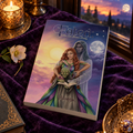 Fated by Allexandra lays on a purple velvet cloth surrounded by gold jewelry, flowers, and a lit candle in a filigreed holder. There's a window in the background showing a full moon rising at sunset.