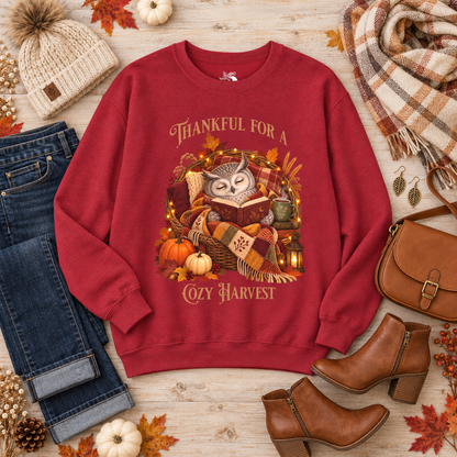 A red crewneck sweatshirt with a cozy autumn owl graphic, styled in a flat lay with jeans, a knit beanie, a scarf, leaf earrings, boots, and a brown leather handbag on a light wood background.