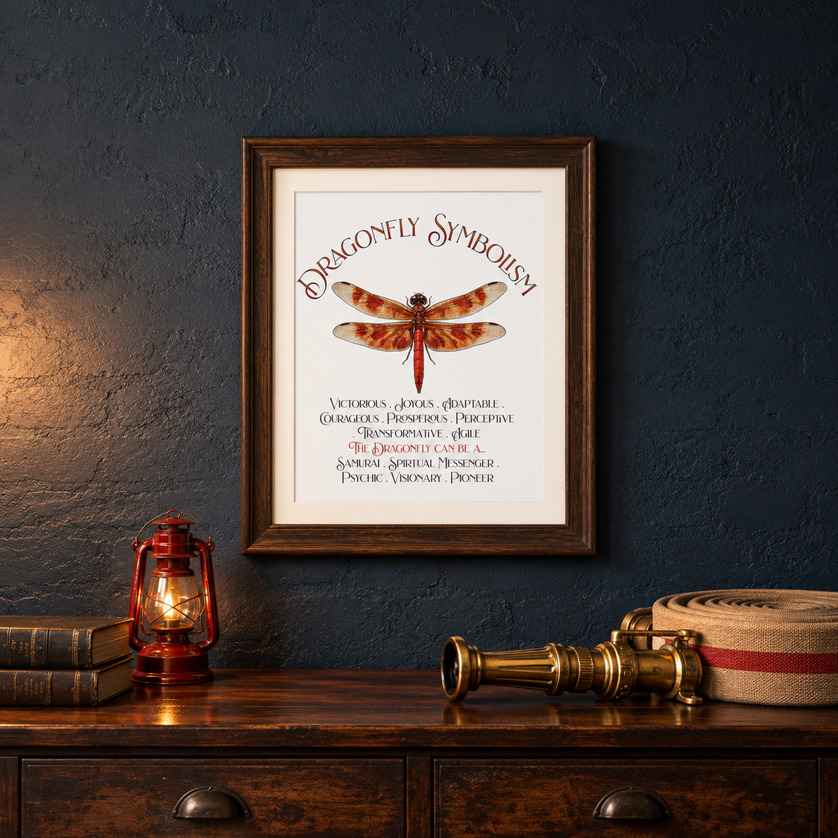 A framed custom dragonfly symbol print hangs on a dark blue textured wall above a wooden dresser with books, a gas lantern, and a firefighter's hose.