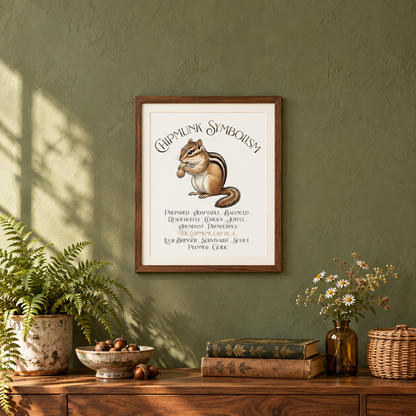 A framed art print featuring a chipmunk illustration and the text 'Chipmunk Symbolism' displayed on a textured olive green wall above a wooden console table with a bowl of acorns, a small woven basket, plants, and books.