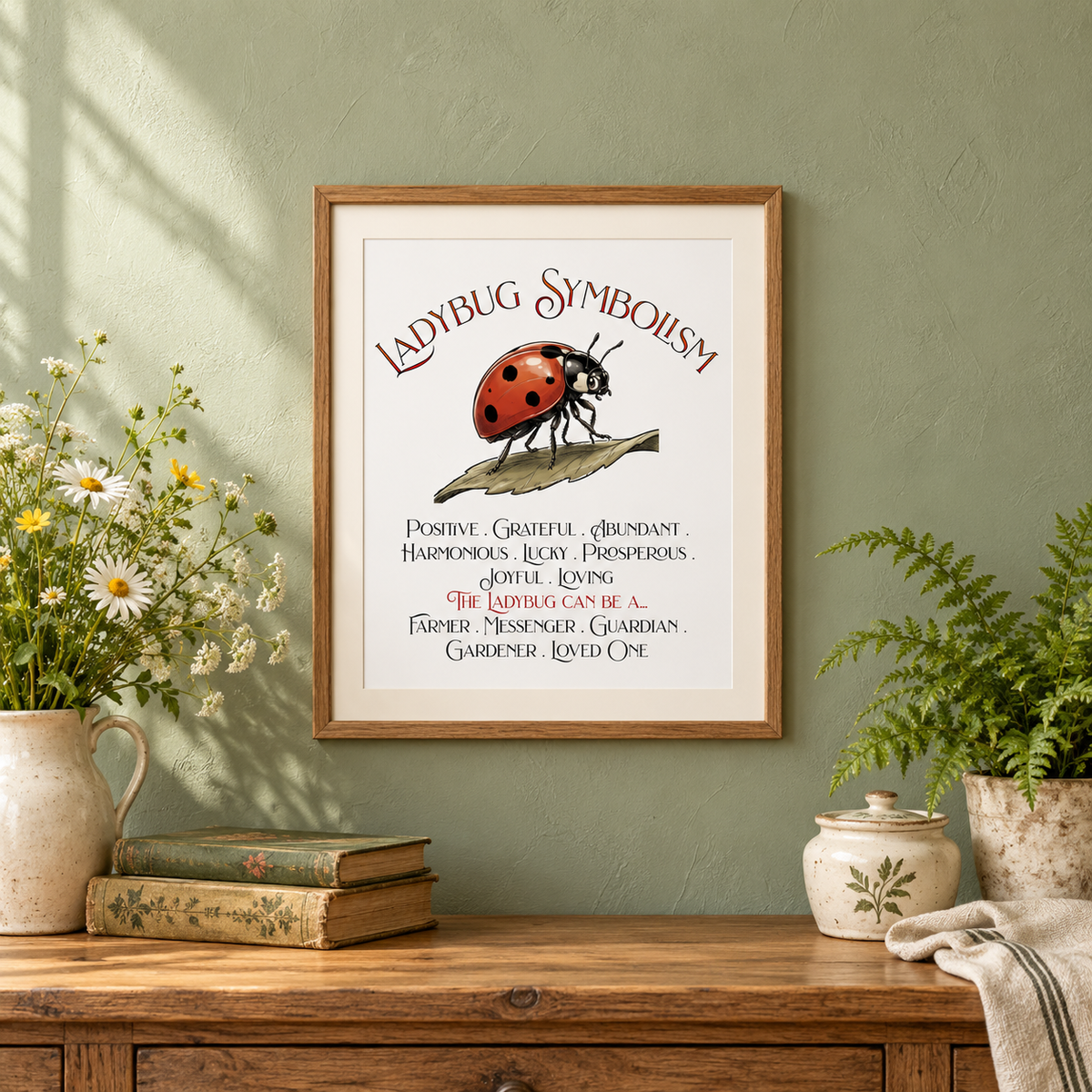 A framed art print featuring 'Ladybug Symbolism' text and an illustration of a ladybug on a branch, displayed against a sage green wall above a wooden console table with books, a potted fern, a towel, and flowers.