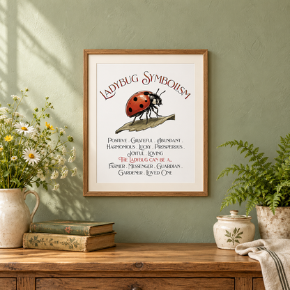 A framed art print featuring 'Ladybug Symbolism' text and an illustration of a ladybug on a branch, displayed against a sage green wall above a wooden console table with books, a potted fern, a towel, and flowers.