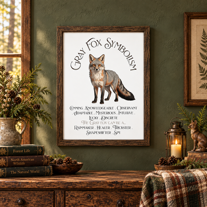 A framed art print featuring a gray fox illustration and the text 'Gray Fox Symbolism' displayed above a rustic wooden console table with books, a lantern, bowls of pincones, a fox statue, and a pitcher filled with greenery.