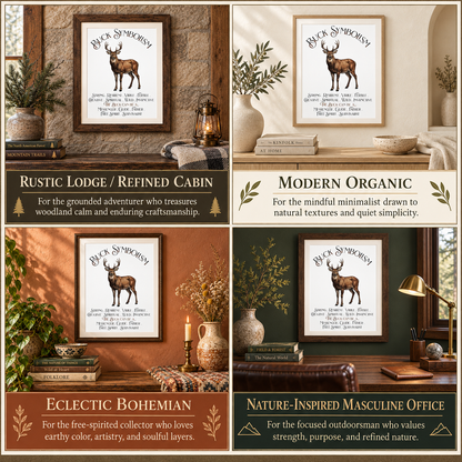 A four-panel collage showing framed Buck Symbolism art prints styled in different interior settings. The prints feature a brown deer illustration and text describing the different room styles: Rustic Lodge/Refined Cabin, Modern Organic, Eclectic Bohemian, Nature-Inspired Masculine Office