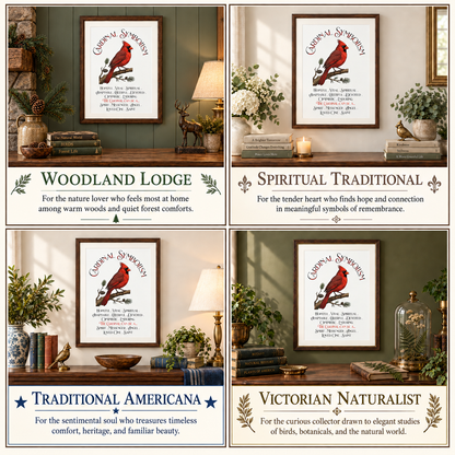 A 2x2 collage showing four Cardinal Symbolism art prints in different decorative room settings, labeled Woodland Lodge, Spiritual Traditional, Traditional Americana, and Victorian Naturalist.