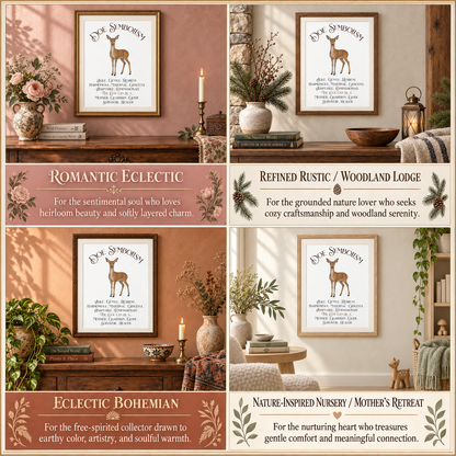 A four-panel collage showing the same framed art print styled in different home decor settings, with text labels for romantic eclectic, refined rustic / woodland lodge, eclectic bohemian, and nature-inspired nursery / mother's retreat.