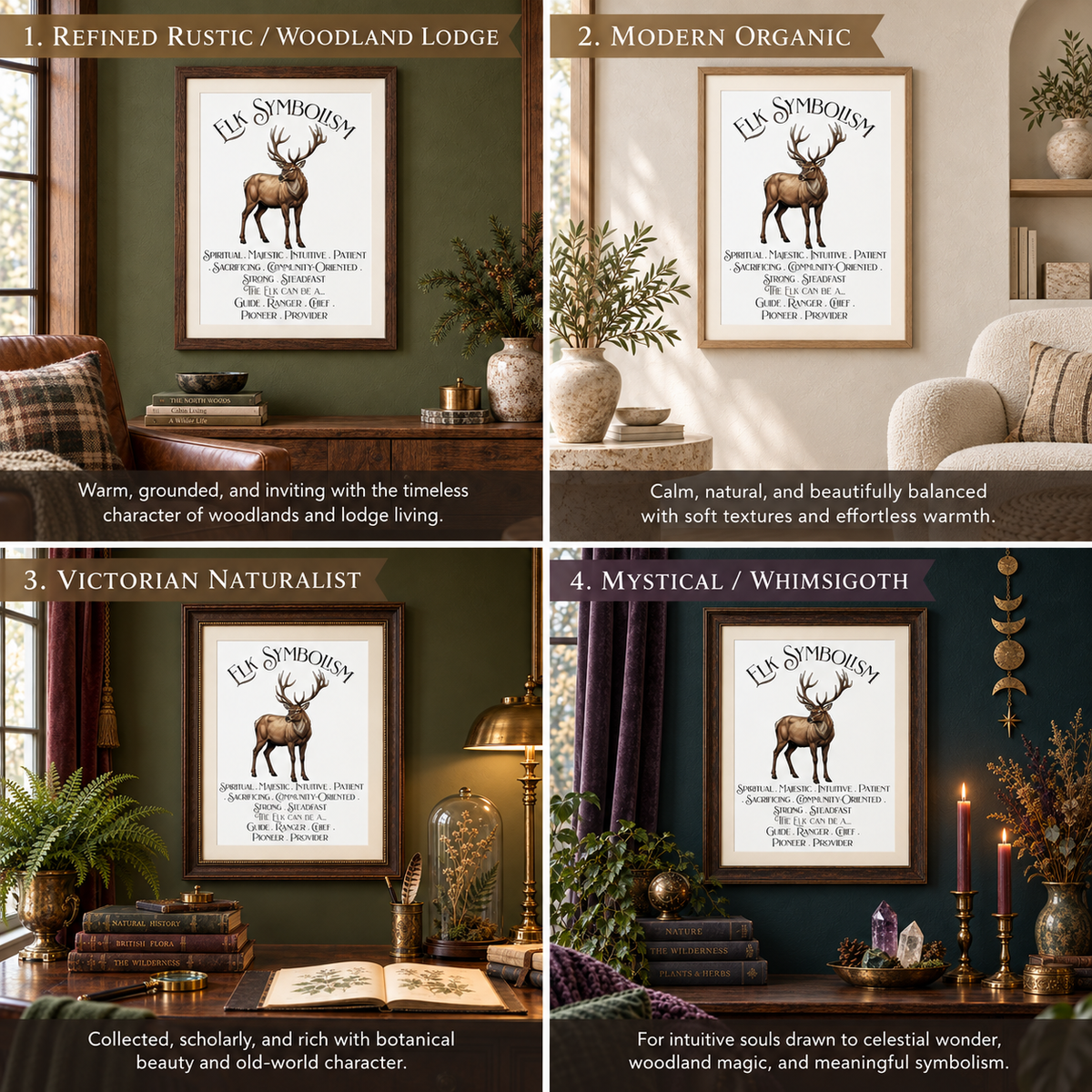 Four image collage of the Elk Symbolism poster in different house styles that include Refined Rustic/Woodland Lodge, Modern Organic, Victorian Naturalist, and Mystical/Whimsigoth