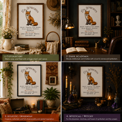 A four-panel collage showing the Fox Symbolism poster in different interior settings. The panels are labeled Cottagecore, Dark Academia, Eclectic / Bohemian, and Mystical / Witch.