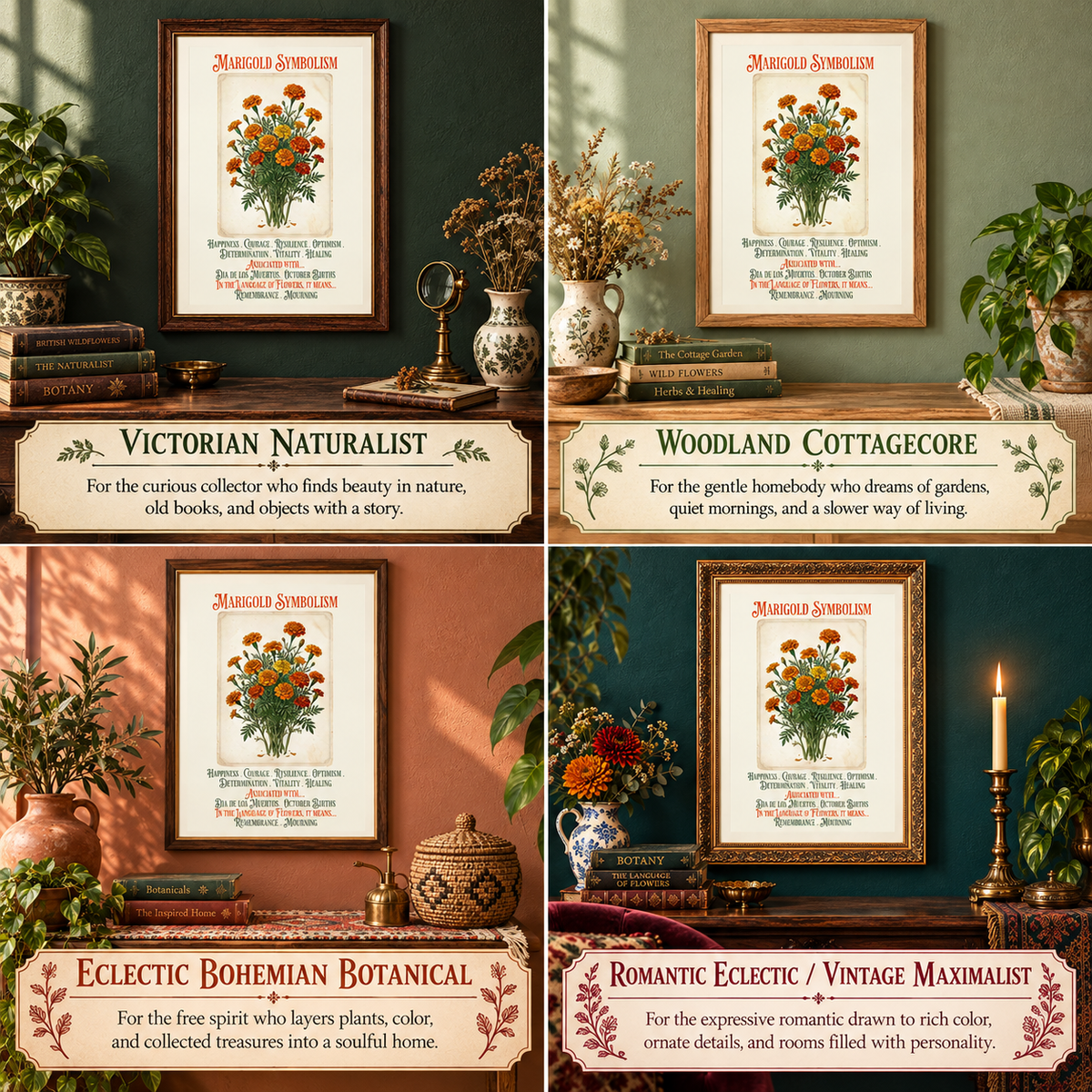 A four-panel collage showing framed Marigold Symbolism art in different interior settings: Victorian Naturalist, Woodland Cottagecore, Eclectic Bohemian Botanical, Romantic Eclectic/Vintage Maximalist. Each panel features the print in different styled settings with books, plants, vases, and other themed decor.