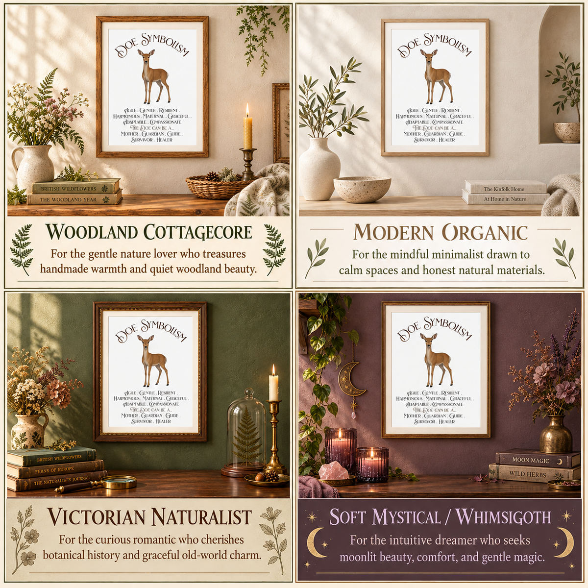 A four-panel collage showing framed art prints in different styled interior settings. Each panel features a framed print plus descriptive copy for different design vibes: woodland cottagecore, modern organic, Victorian naturalist, and soft mystical/whimsigoth.