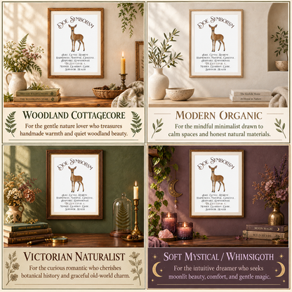 A four-panel collage showing framed art prints in different styled interior settings. Each panel features a framed print plus descriptive copy for different design vibes: woodland cottagecore, modern organic, Victorian naturalist, and soft mystical/whimsigoth.