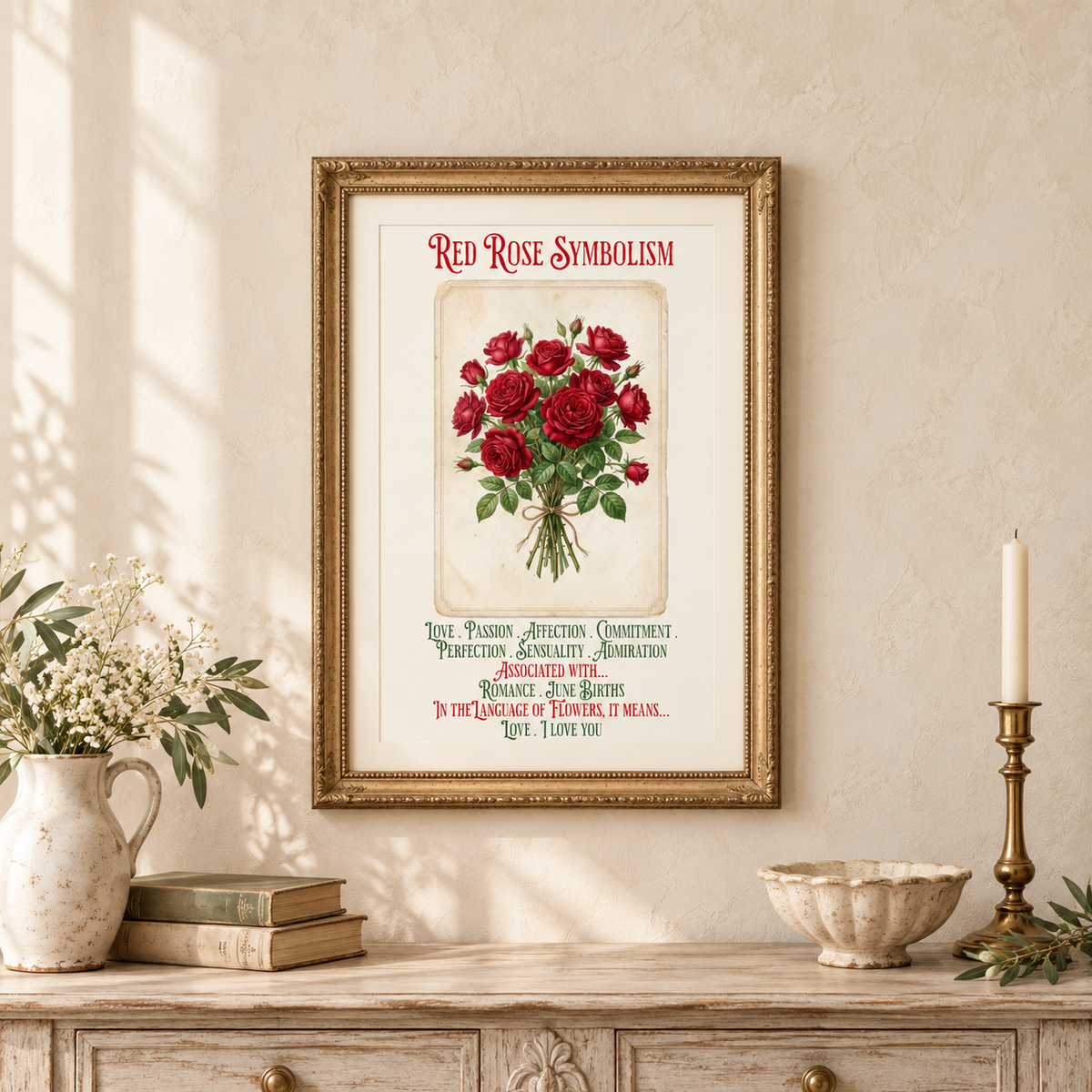 Framed vintage-style wall art featuring a bouquet of red roses and the text 'Red Rose Symbolism,' displayed on a beige wall above a console table with books, a pitcher of flowers, a bowl, and a candle.