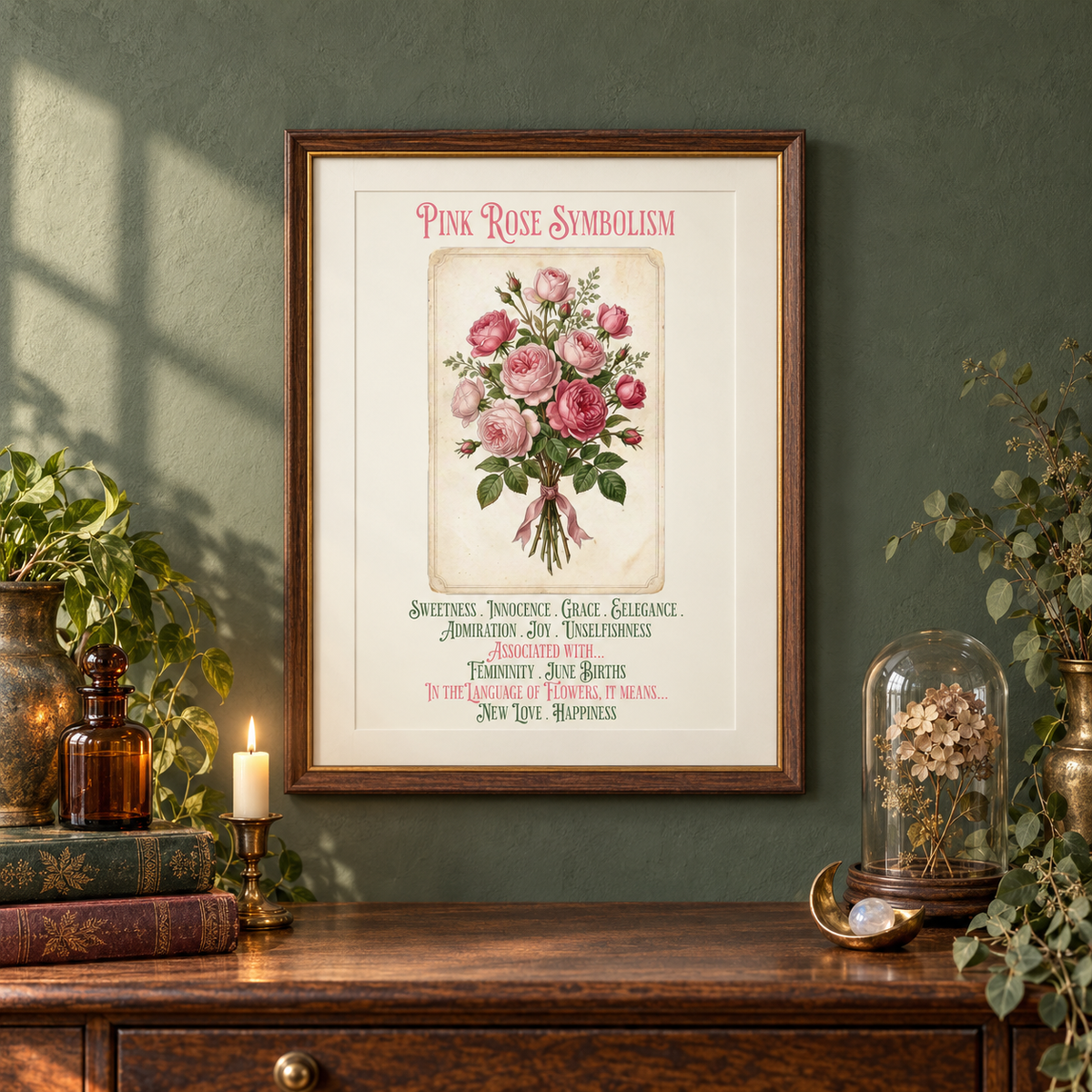 A framed vintage-style art print titled 'Pink Rose Symbolism' hangs on a dark green wall above a wooden console table that has books, a candle, and plants on it.