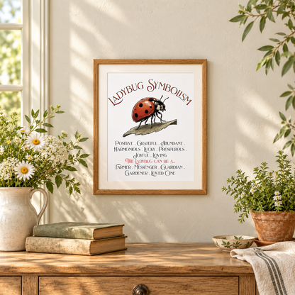 A framed Ladybug Symbolism art print is displayed on a light beige wall above a rustic wooden table with a pitcher or flowers, books, a potted plant, and a hand towel.