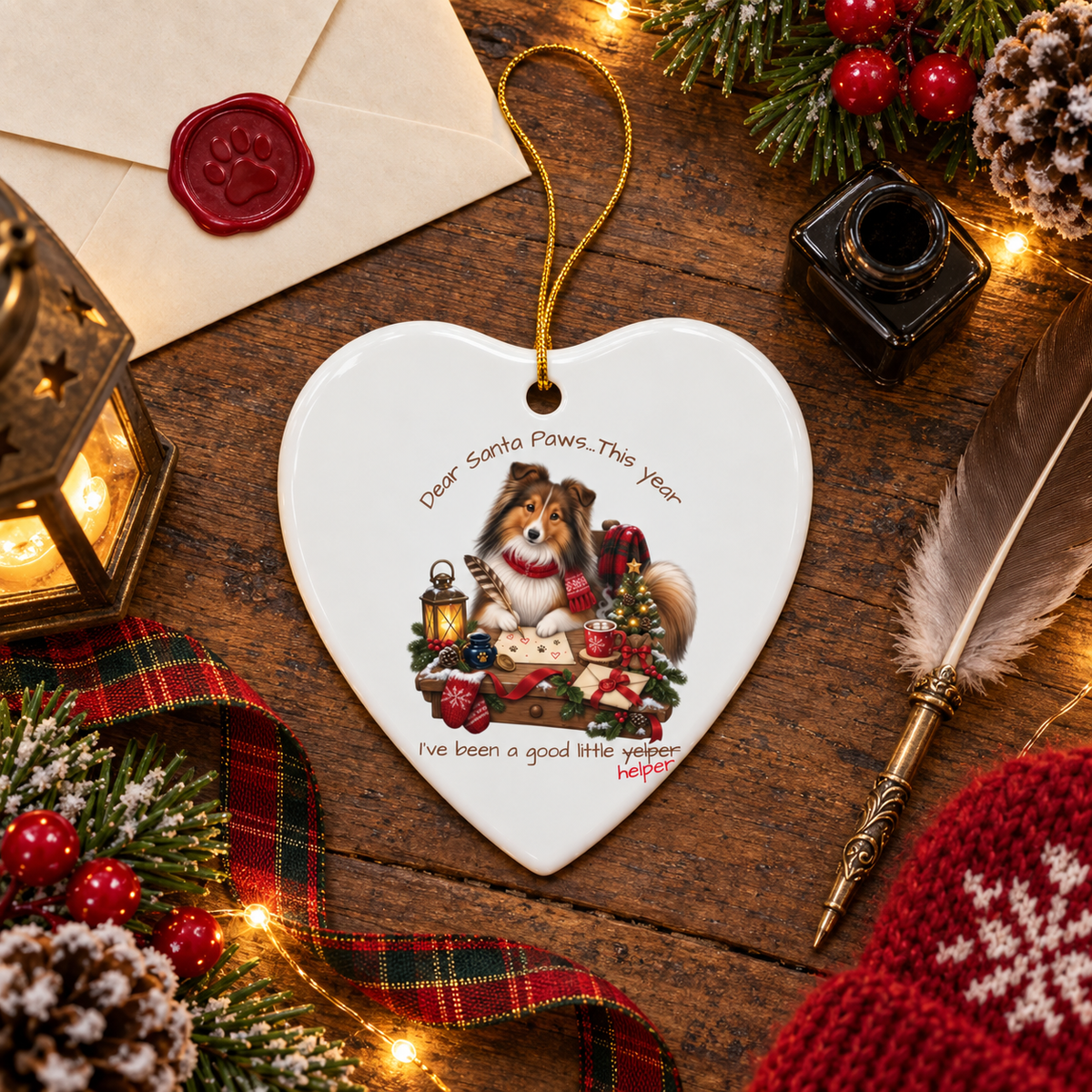 A heart-shaped white ceramic Christmas ornament featuring an illustration of a Sheltie dog wearing a red scarf, surrounded by holiday decorations. The ornament is displayed on a rustic wooden table surrounded by a red wax seal envelope, a brass lantern, a plaid ribbon, pine branches, a ink pot, a red knit hat, and a feather quill.