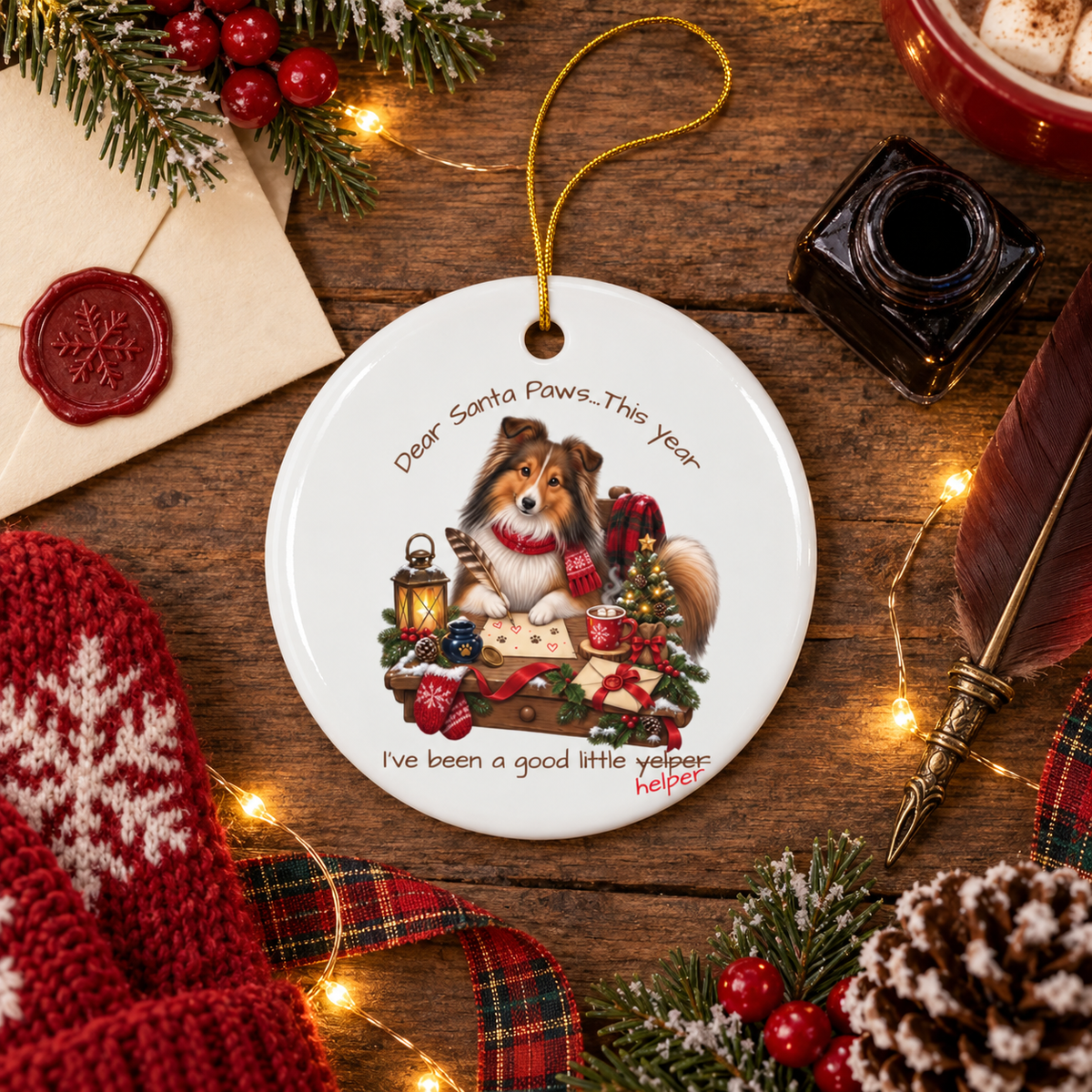 A round white ceramic Christmas ornament featuring a sheltie writing to santa illustration with text that says, Dear Santa Paws...This year I've been a good little yelper'. The last is crossed out and replaced with 'helper'. The ornament is styled on a rustic wooden surface and surrounded by a red knit mitten with a snowflake pattern, cocoa mug, plaid ribbon, pine branches, string lights, ink pot, red feather quill, and envelope with a wax seal.