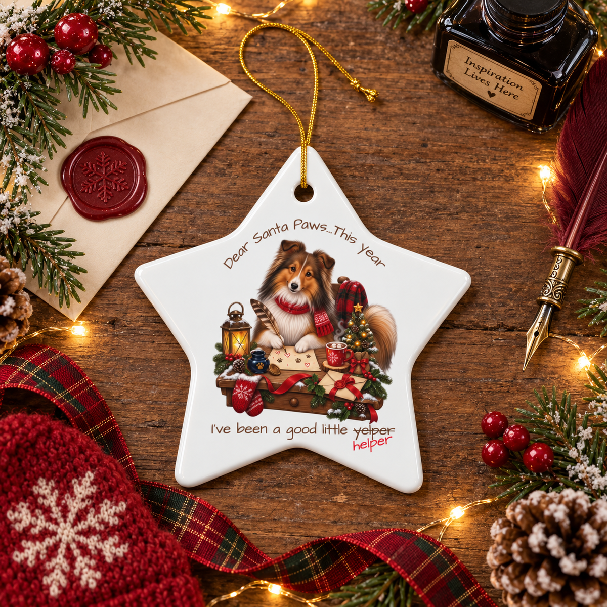 A star-shaped white ceramic Christmas ornament featuring a fluffy dog illustration and the text 'Dear Santa Paws...This Year' and 'I've been a good little yelper helper!', displayed on a rustic wooden table surrounded by holiday decorations including an envelope with a red wax seal, a bottle of ink, a feather pen, plaid ribbon, pine branches, berries, and a red knit mitten.