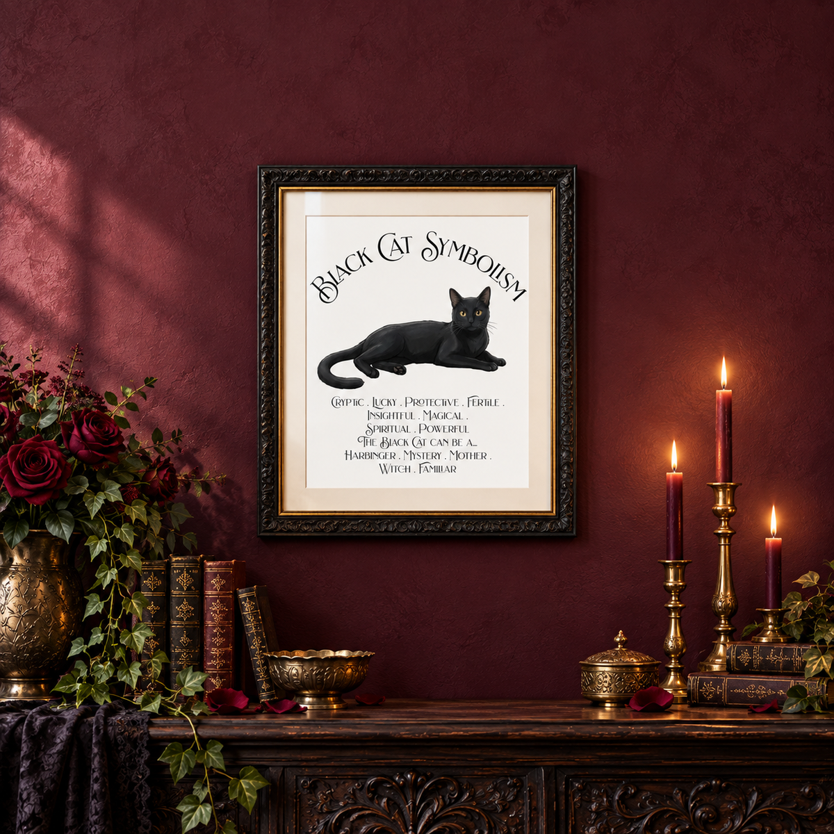 A framed black cat symbolism art print hangs on a dark burgundy wall above a decorative console table with candles, books, and floral arrangements.
