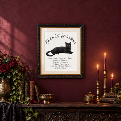 A framed black cat symbolism art print hangs on a dark burgundy wall above a decorative console table with candles, books, and floral arrangements.