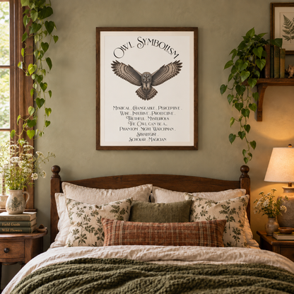 A framed wall art print featuring an owl illustration and the text 'Owl Symbolism' hangs above a bed in a styled bedroom. The print has a gray owl design with a list of symbolic adjectives and nouns beneath it.