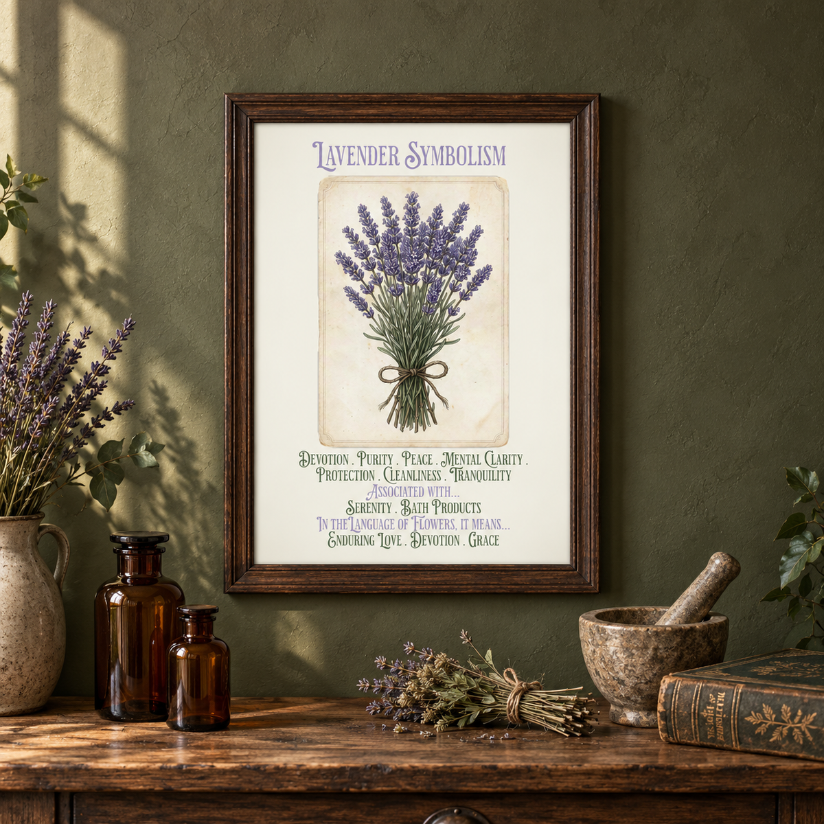 A framed art print titled 'Lavender Symbolism' featuring a vintage-style illustration of lavender flowers with text below, displayed against a textured olive green wall above a rustic wooden table with dried flowers, a book, a mortar and pestle, and amber glass bottles.