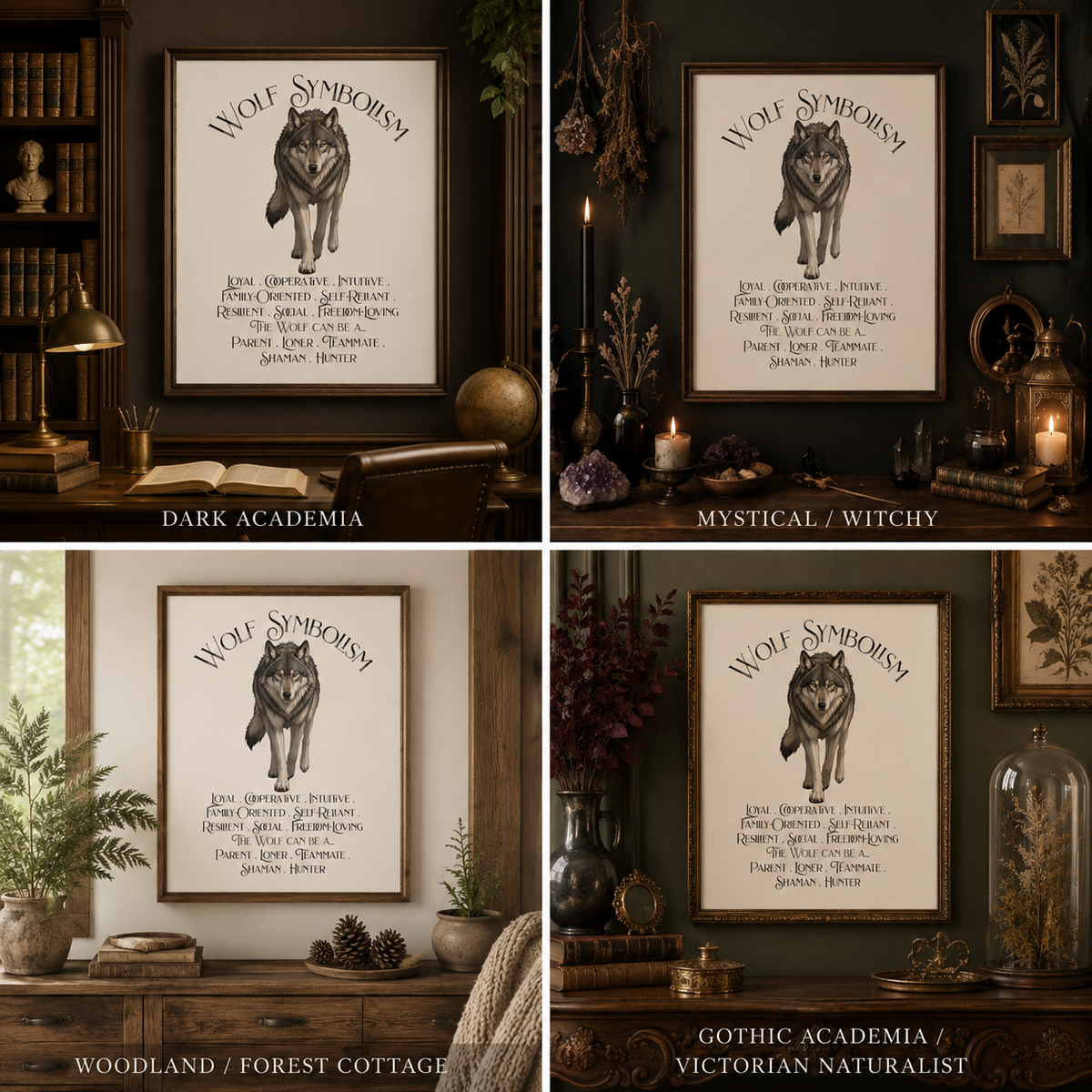 A four-panel collage showing the Wolf Symbolism Poster in different styled interior settings: Dark Academia, Mystical/Witchy, Woodland/Forest Cottage, and Gothic Academia/Victorian Naturalist