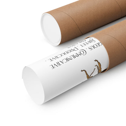 Two cardboard shipping tubes on a white background. One tube is open showing a rolled up poster.
