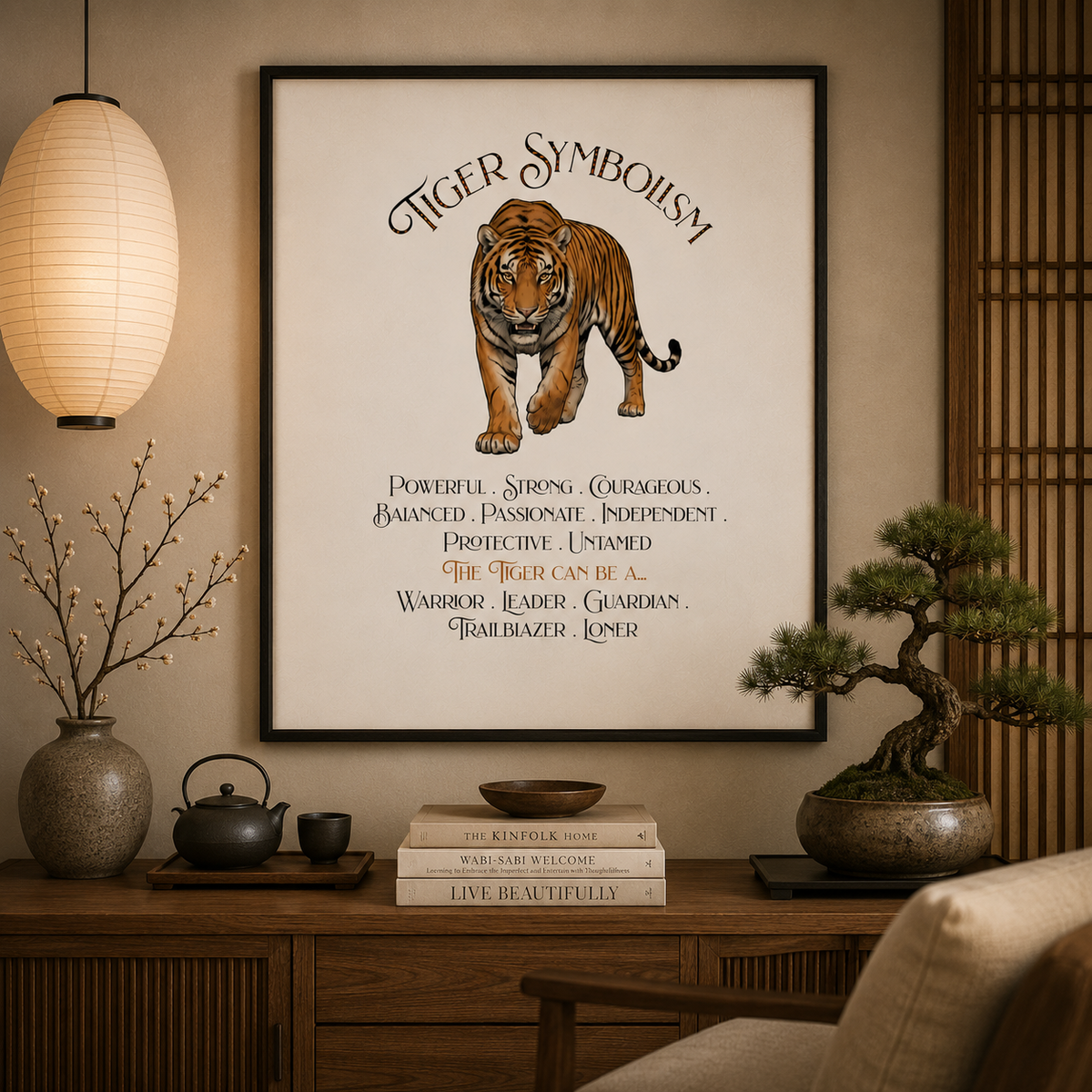 A framed wall art print featuring a tiger illustration and the words 'Tiger Symbolism' with descriptive text beneath, displayed in a Zen-styled interior room with a white paper lamp, vase, books, tea set, and bonsai tree.