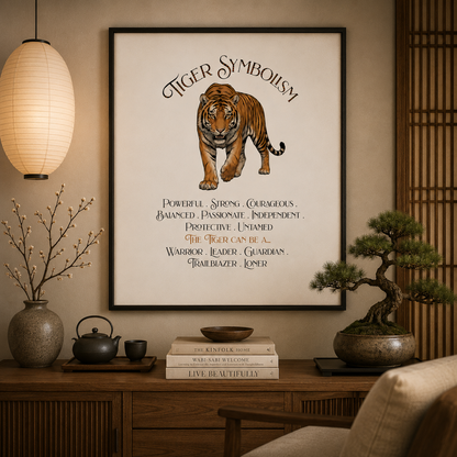 A framed wall art print featuring a tiger illustration and the words 'Tiger Symbolism' with descriptive text beneath, displayed in a Zen-styled interior room with a white paper lamp, vase, books, tea set, and bonsai tree.