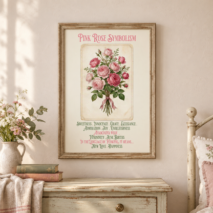 A framed vintage-style art print titled 'Pink Rose Symbolism' hangs on a beige wall above a distressed wooden chest, with a vase of flowers and books, and a part of a bed is visible in the softly lit room.