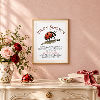A framed art print titled 'Ladybug Symbolism' featuring an illustration of a ladybug and a list of meanings, displayed on a pink wall above a cream-colored console table decorated with flowers, a small ladybug figurine, and books.