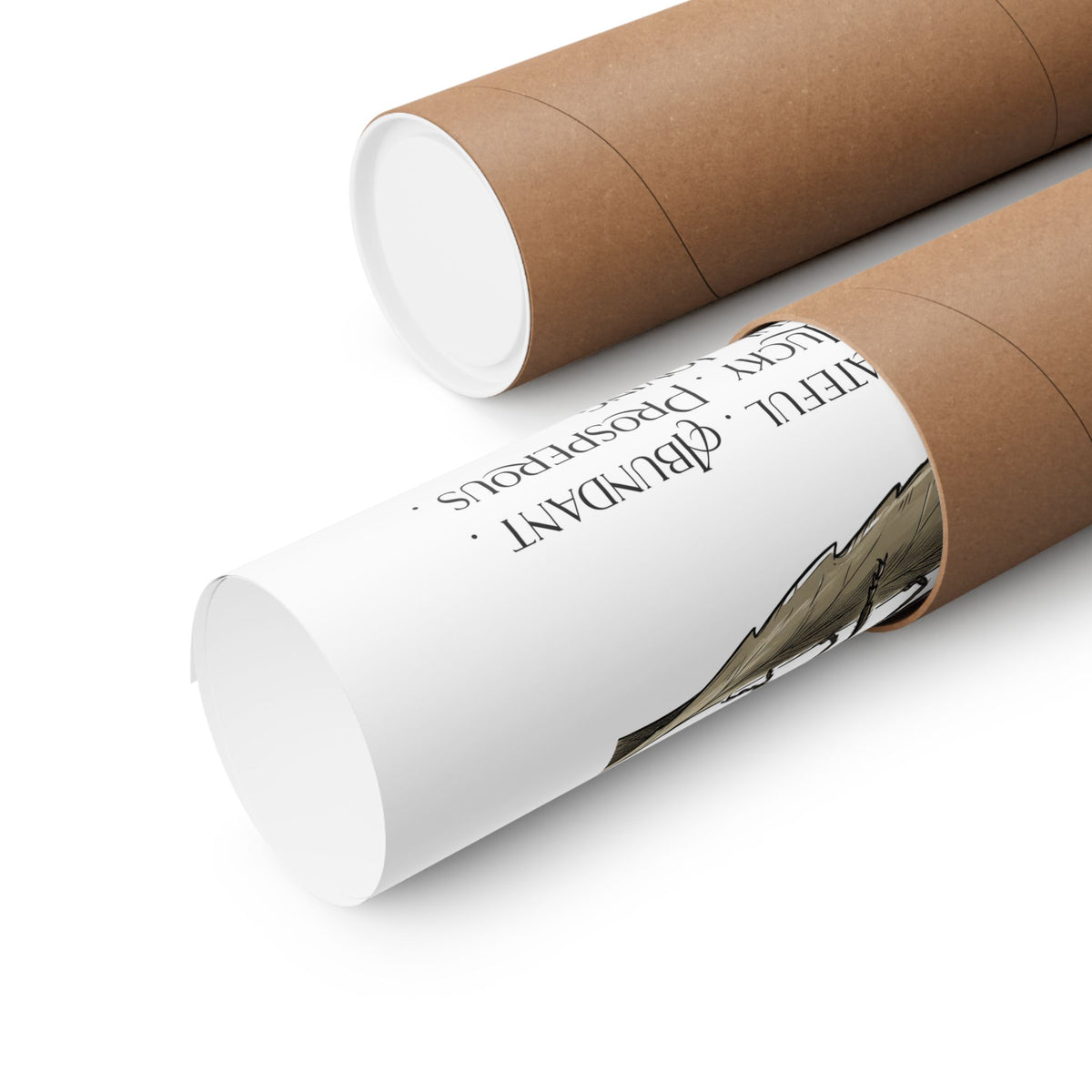 Two brown kraft paper mailer tubes on a clean white background, one opened to show a rolled up poster.