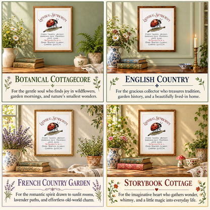 A 2x2 collage showing four framed ladybug symbolism displayed in different home interiors. The designs include ladybug prints and the titles 'Botanical Cottagecore,' 'English Country,' 'French Country Garden,' and 'Storybook Cottage.