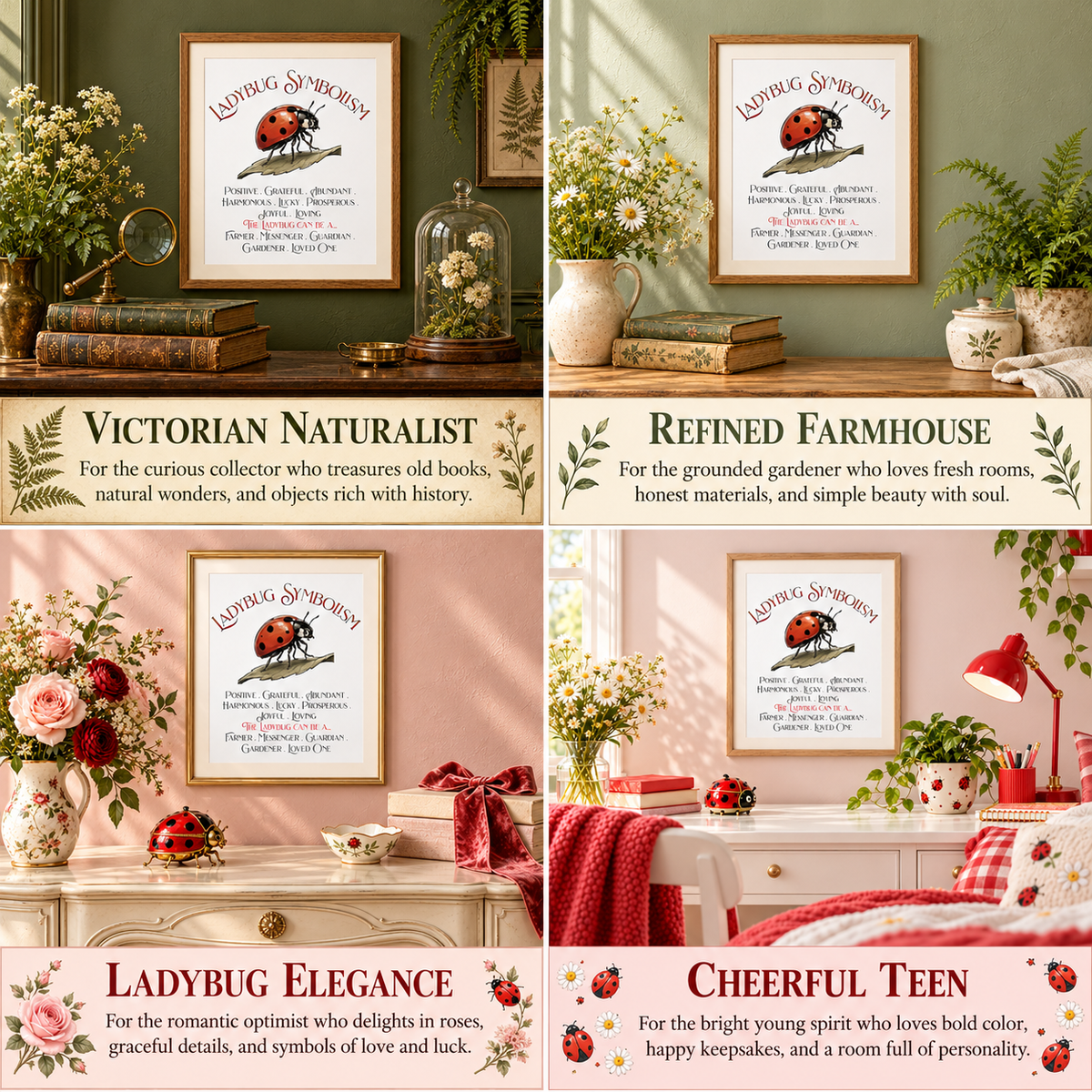 A 2x2 collage showing four styled room scenes with framed nameplates that describe different room styles. The titles are 'Victorian Naturalist', 'Refined Farmhouse', and 'Ladybug Elegance', and 'Cheerful Teen'.