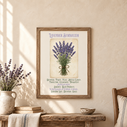 A framed art print titled 'Lavender Symbolism' featuring a vintage-style illustration of lavender flowers, displayed on a beige wall above a rustic wooden table with a vase of lavender and books.