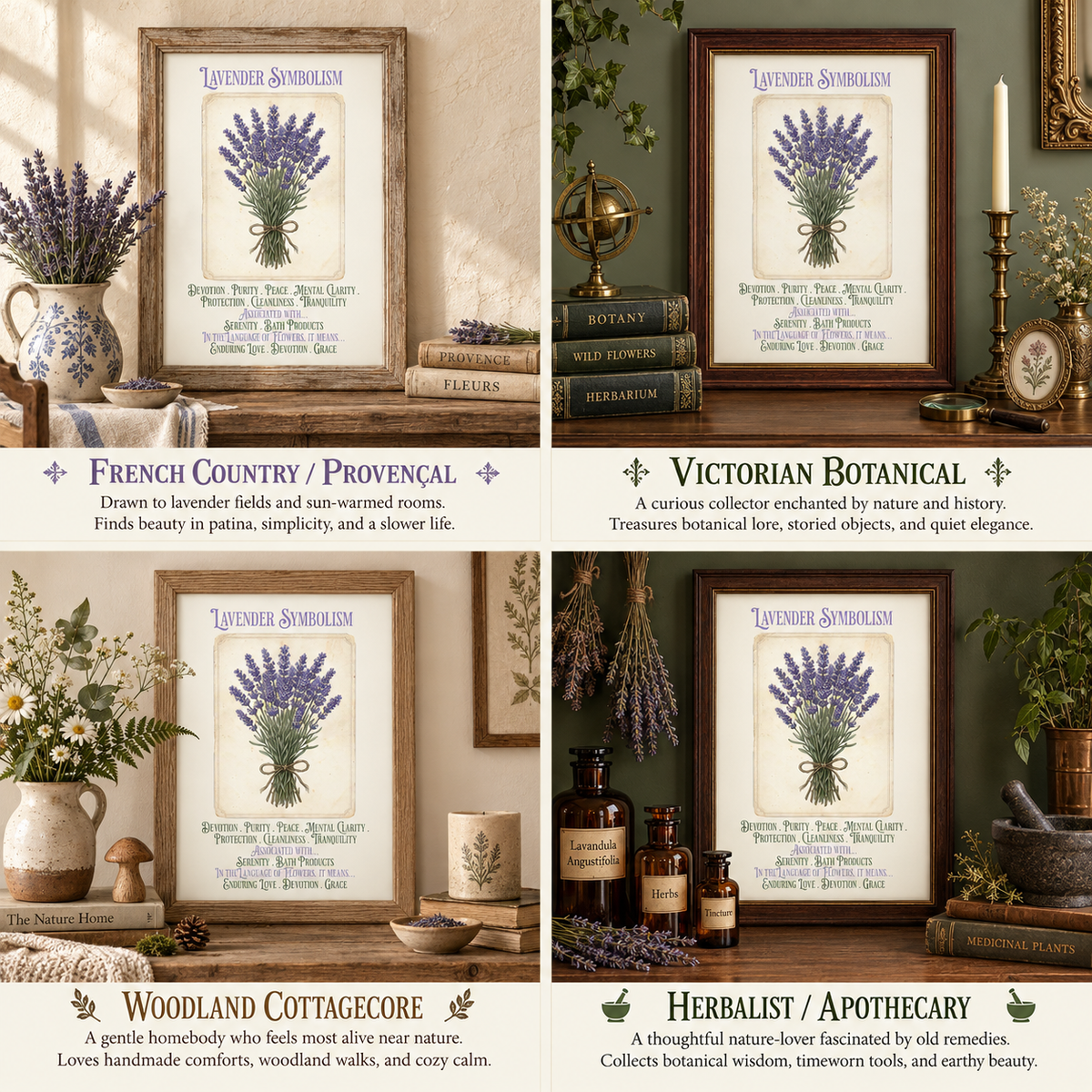 Four framed lavender symbolism prints arranged on wooden surfaces in styled interiors, each labeled with a design variant: French Country / Provençal, Victorian Botanical, Woodland Cottagecore, and Herbalist / Apothecary. The prints feature purple lavender illustrations with text and are shown with decorations such as books, flowers, plants, bottles, and candles.