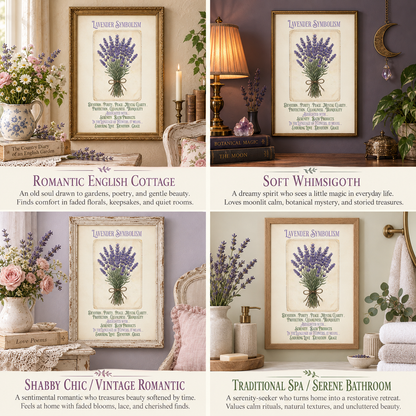 A four-panel collage showing framed lavender symbolism wall art in different interior settings: a romantic English cottage, a soft whimsigoth room, a shabby chic/vintage setting, and a traditional spa bathroom. The prints all feature a lavender bouquet illustration and decorative text, with room decor including flowers, lamps, books, towels, and candles.